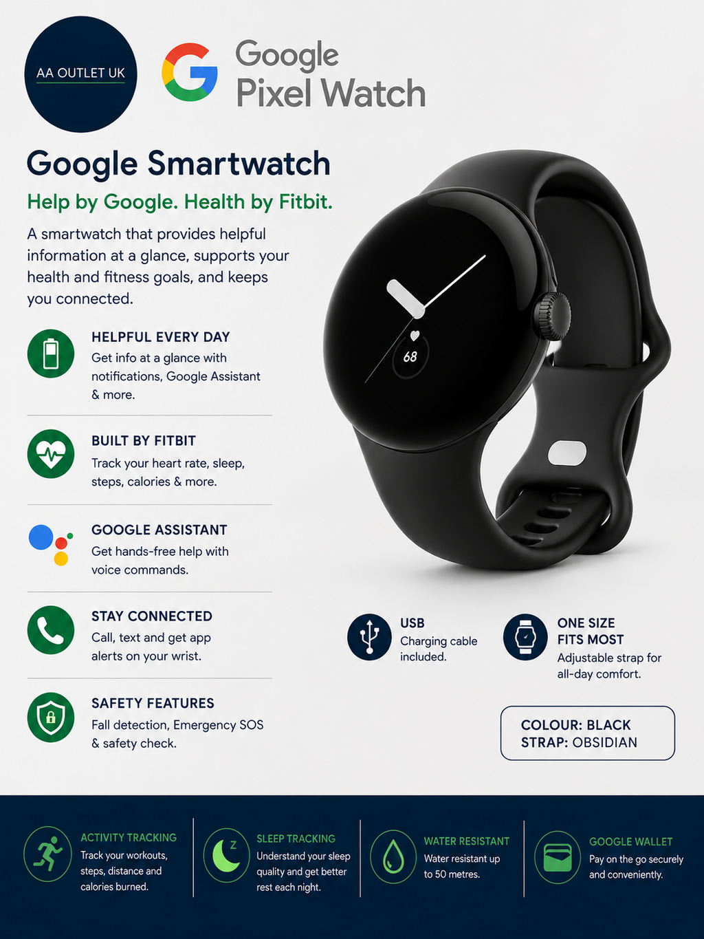 Google Smartwatch USB Black Obsidian Strap One Size 41mm