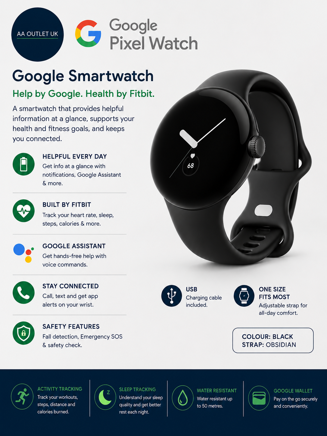 Google Smartwatch USB Black Obsidian Strap One Size 41mm