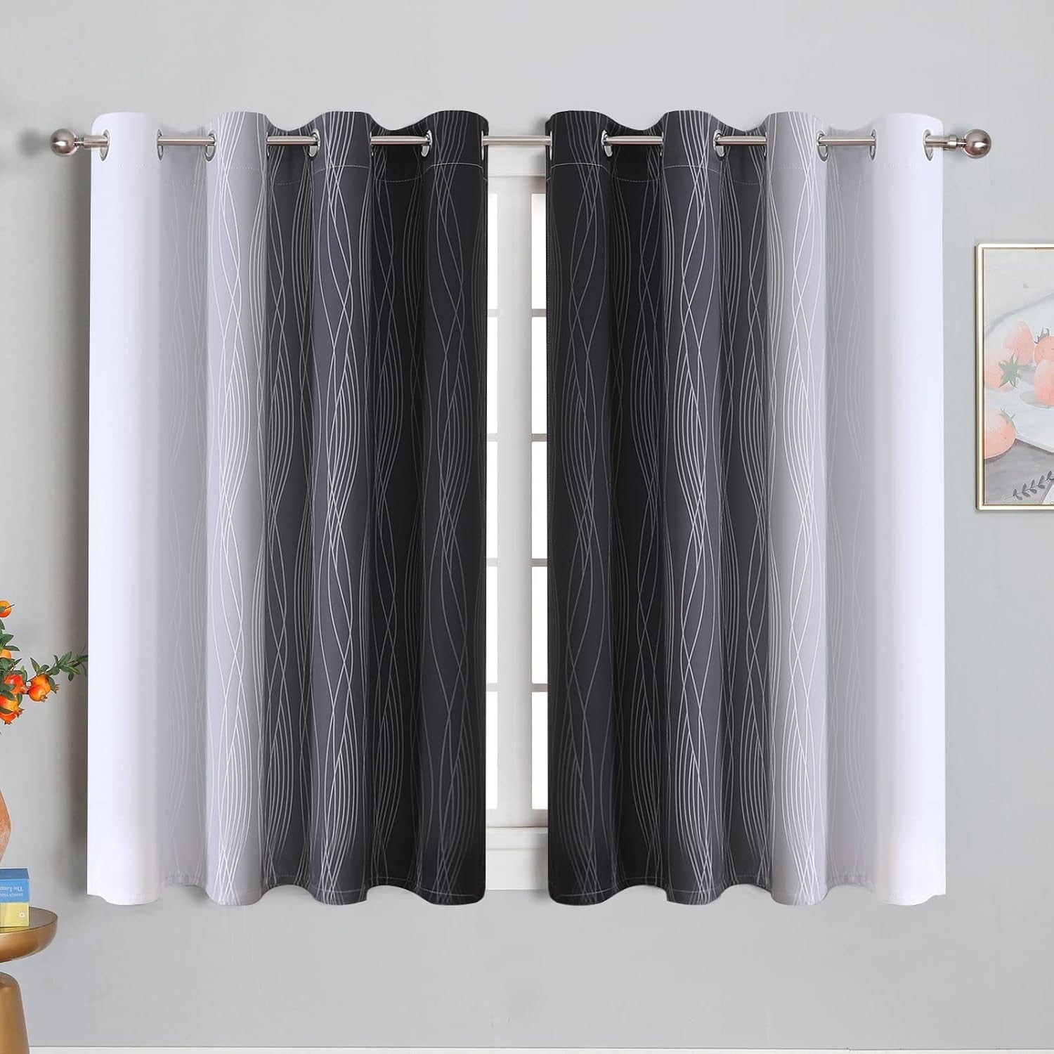 VEHEDE Ombre Blackout Curtains Black Grey White 42x54 Inch Thermal Insulated New