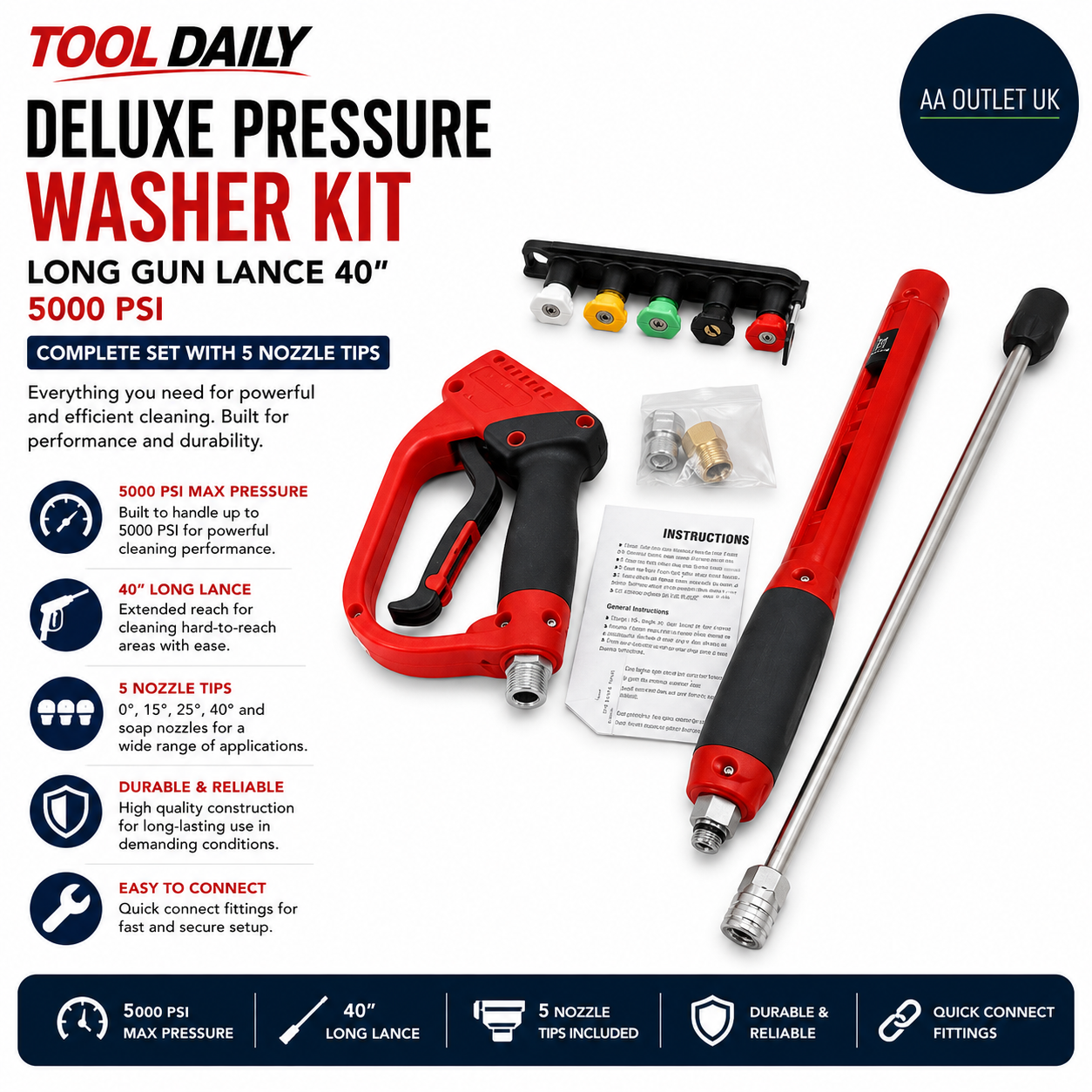 Tool Daily Deluxe Pressure Washer Long Gun Lance 40" 5000 PSI 5 Nozzle Tips