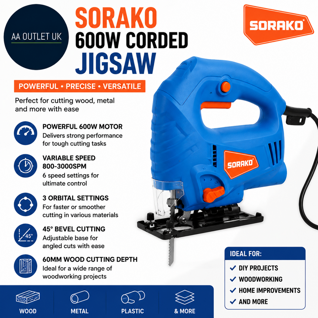 Sorako 600W Corded Jigsaw Wood Metal 800-3000SPM Electric 6 Speeds Cutting Depth