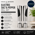 Cole Mason Electric Salt Pepper Mill Set Adjustable Thickness Chrome Acrylic