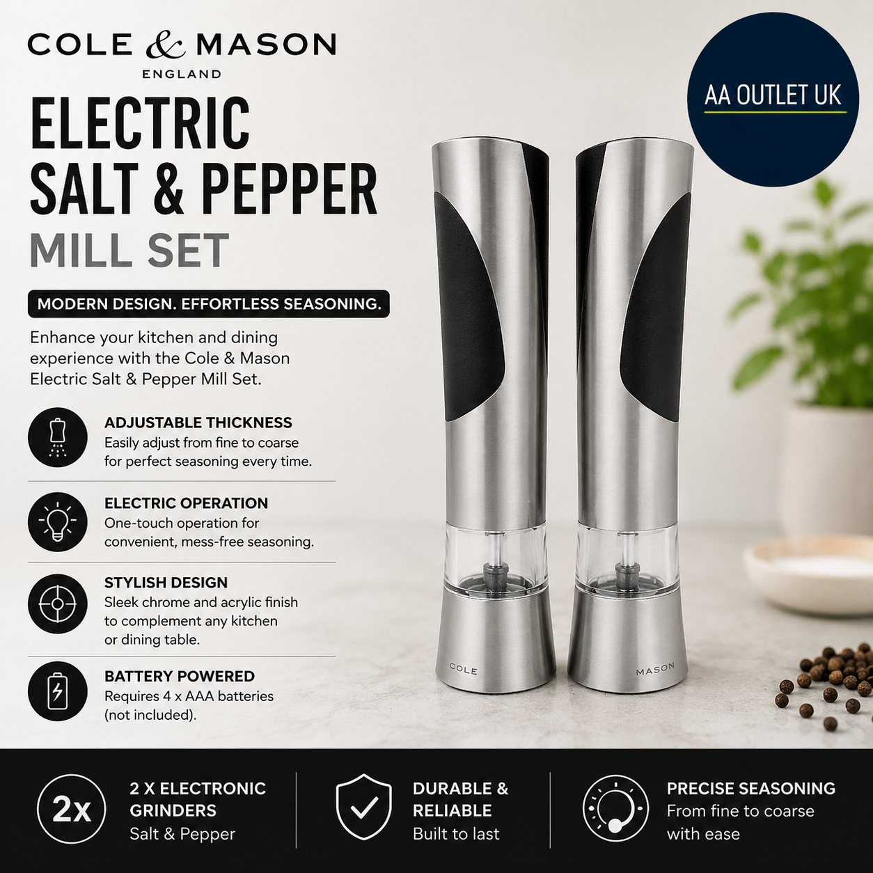 Cole Mason Electric Salt Pepper Mill Set Adjustable Thickness Chrome Acrylic