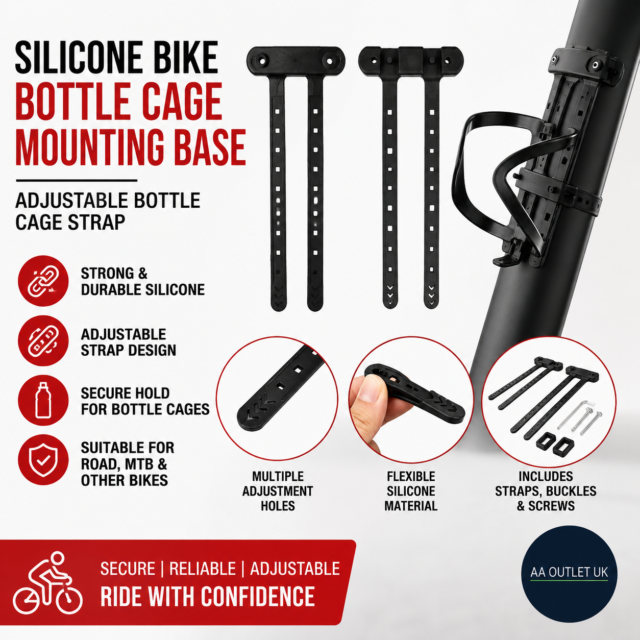 Silicone Bike Bottle Cage Mounting Base Bicycle Bottle Strap Adjustable Black