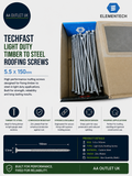 TechFast Light Duty Timber Steel Roofing Screws 5.5x150mm Elementech Threaded