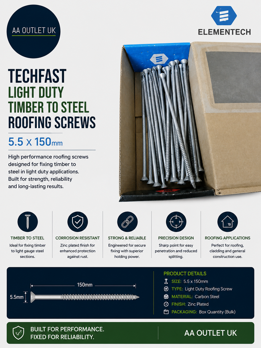 TechFast Light Duty Timber Steel Roofing Screws 5.5x150mm Elementech Threaded