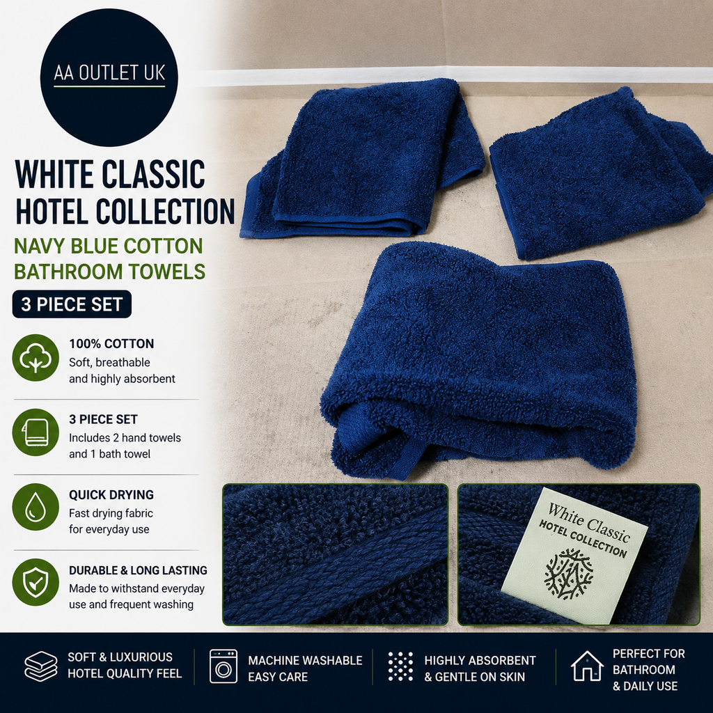 White Classic Hotel Collection Navy Blue Cotton Bathroom Towels 3 Pieces Set New