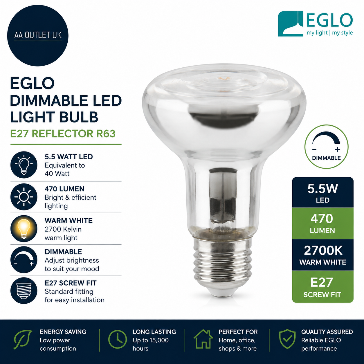 Eglo Dimmable LED Light Bulb E27 Reflector 5.5W 470 Lumen Warm White