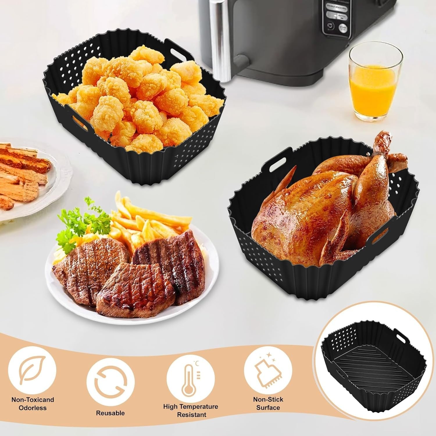 2pcs SL400UK Silicone Air Fryer Liners Open Double Stack XL 8.26x6.5x3.15in New