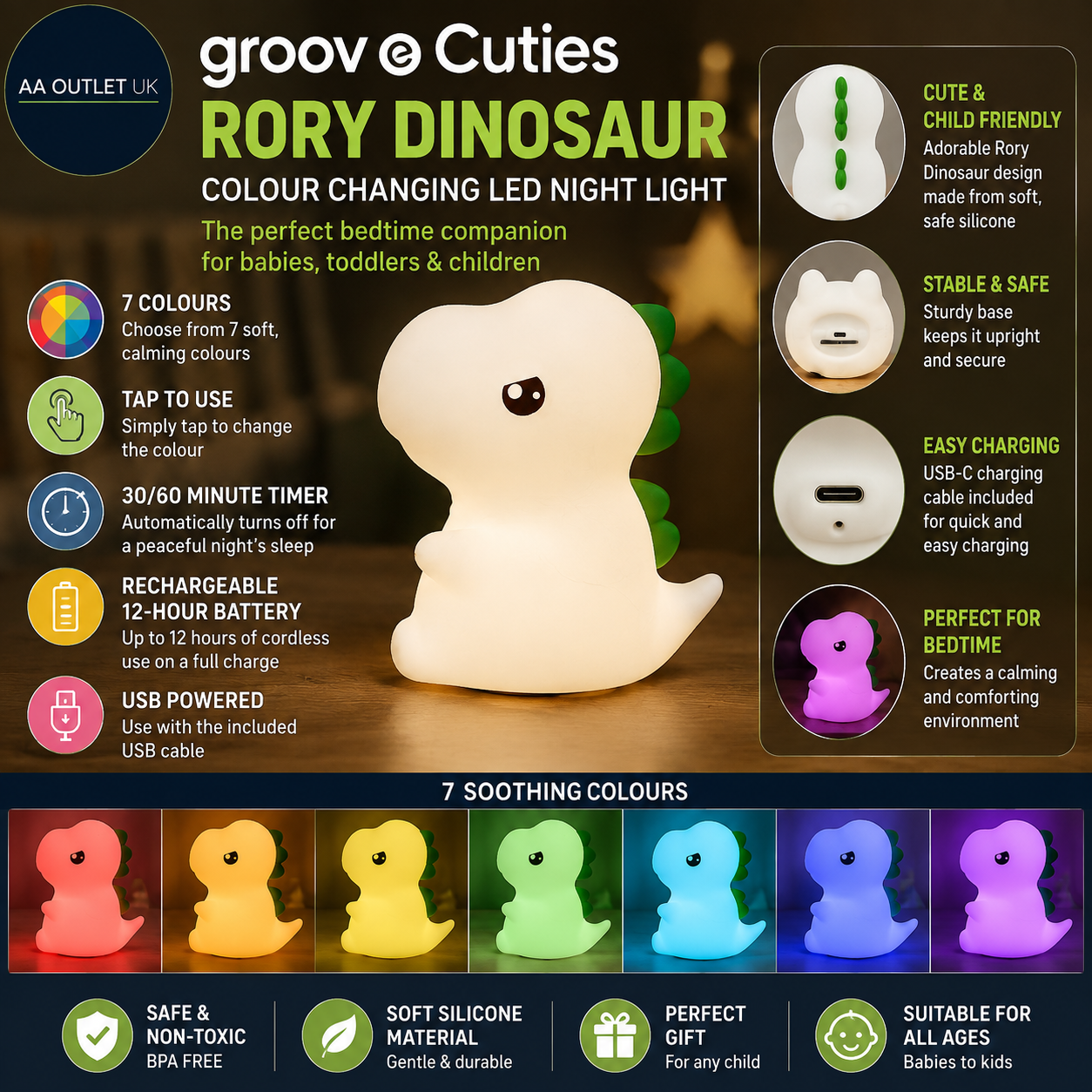 Groov E Cuties Rory Dinosaur Colour Changing LED Night Light 30/60 Minute Timer