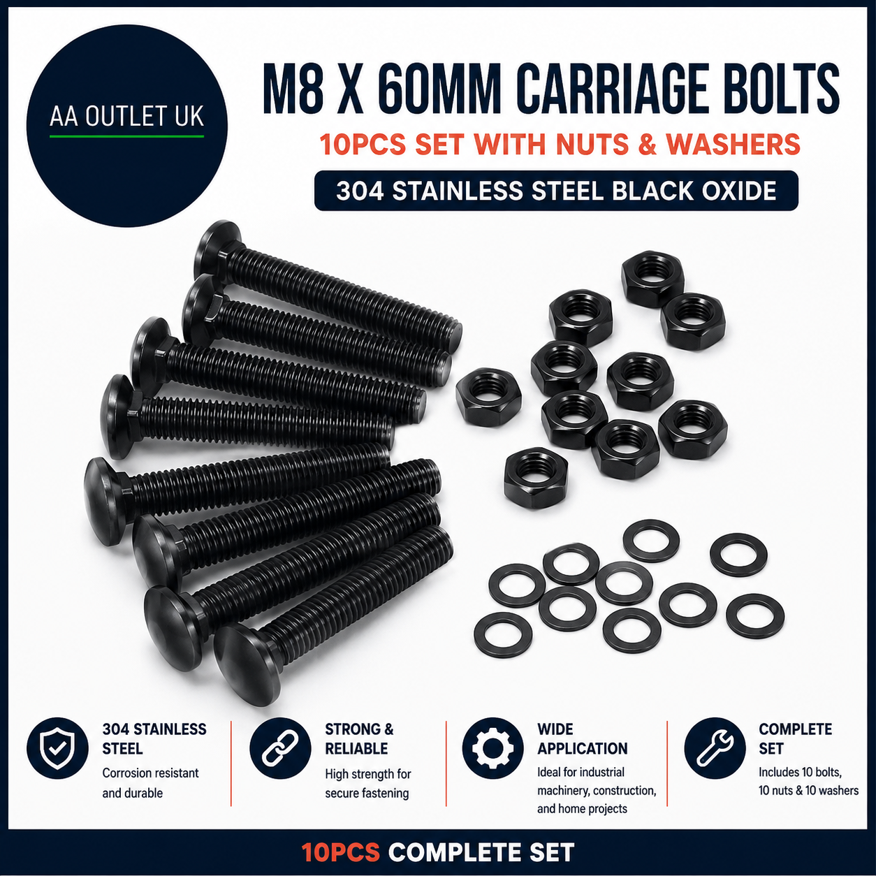 TXXATX M8x60mm Carriage Coach Bolts 10 Pieces Stainless Steel Nuts Washers New