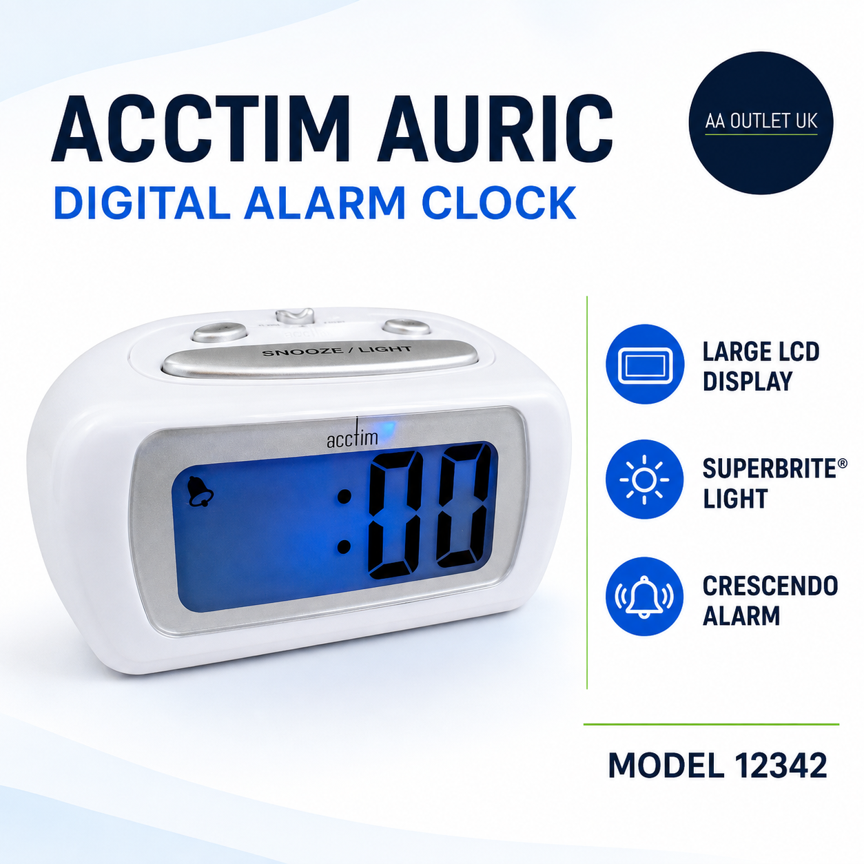 Acctim Auric Digital Alarm Clock Superbrite Crescendo Large LCD Display White