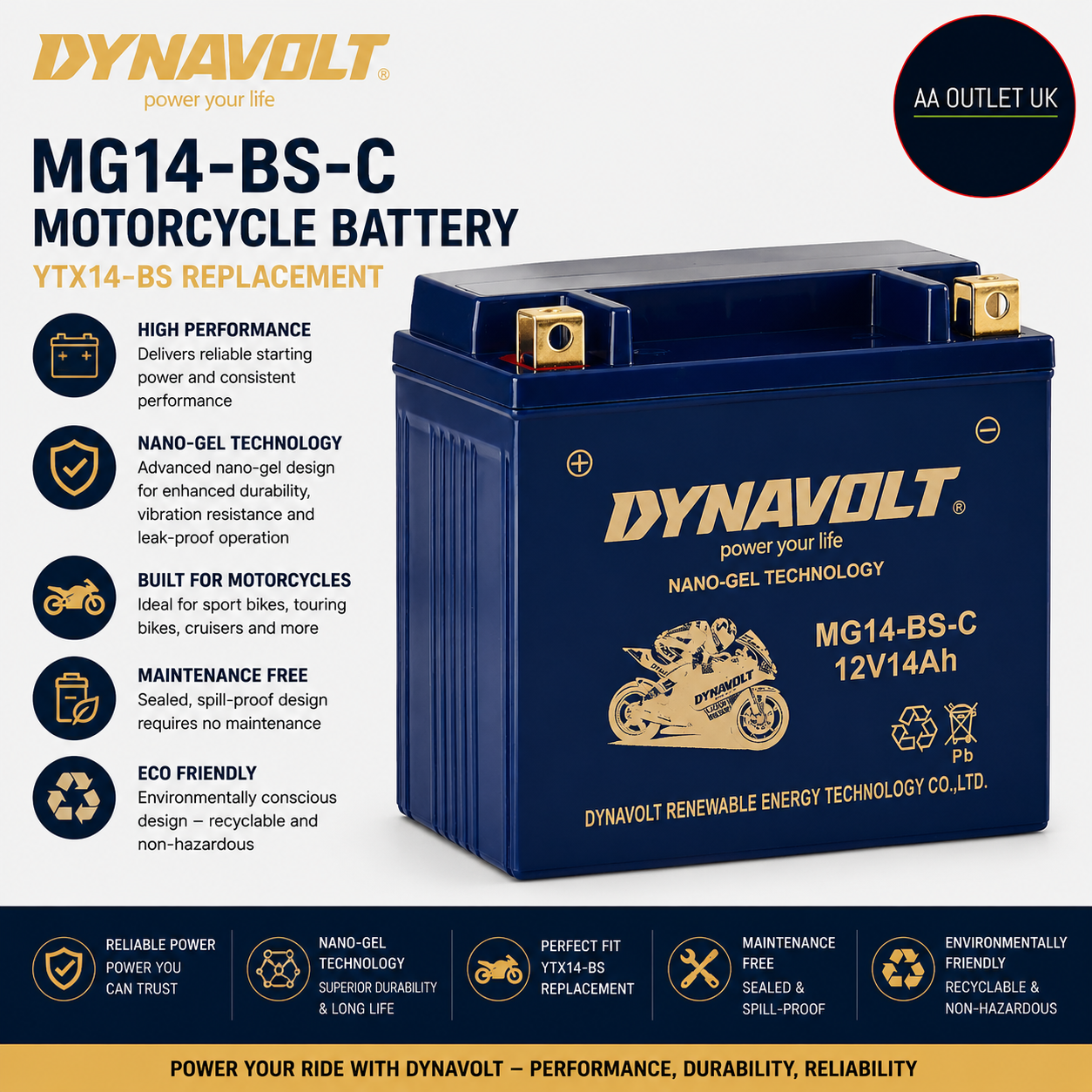 Dynavolt MG14 BS C Motorcycle Battery YTX14 12V BS Replacement Modern Design