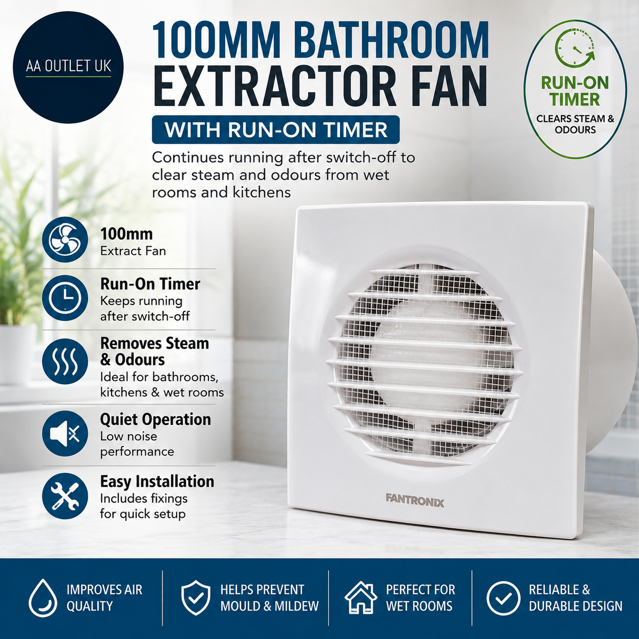 Fantronix 100mm 4in Bathroom Extractor Fan Run On Timer Quiet Energy Efficient