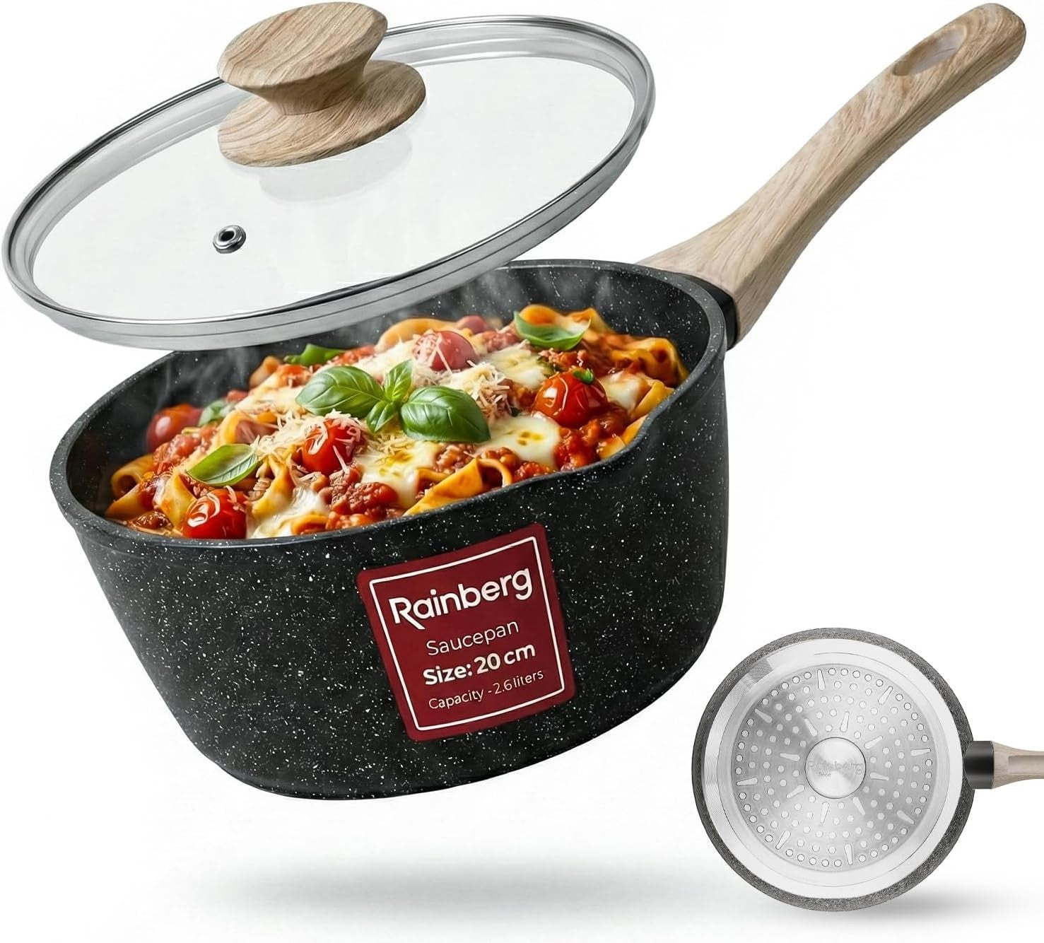 Rainberg Saucepan Lid Nonstick 2.6L Pan Suitable Induction Gas 20x20x9.3cm New
