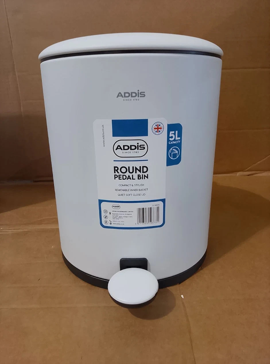Addis 5L Bathroom Soft Close Pedal Stylish Compact Metal Waste Bin White Durable