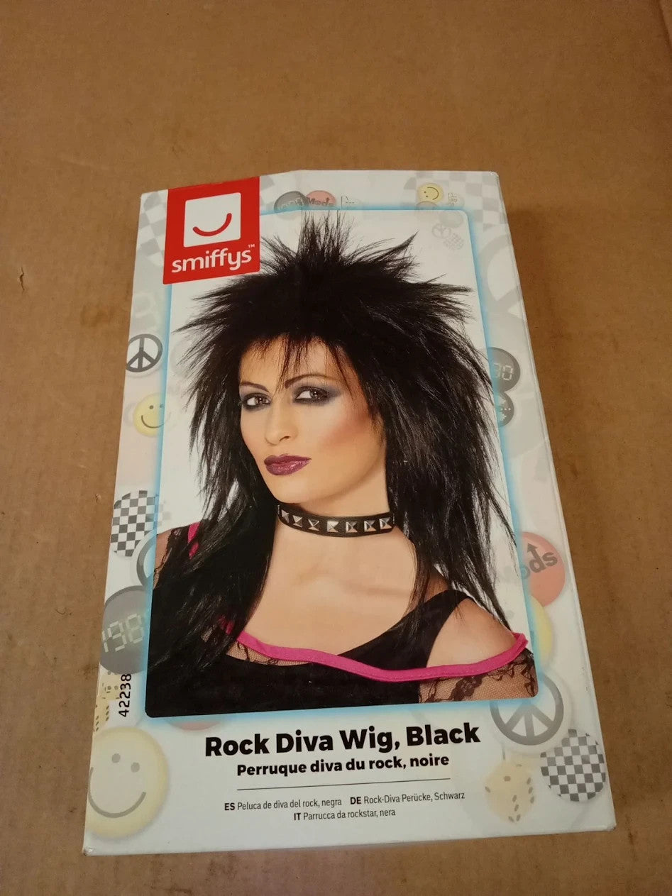 Smiffys Rock Diva Wig Black Long Mullet 1980's Fancy Dress Adult Dress Up