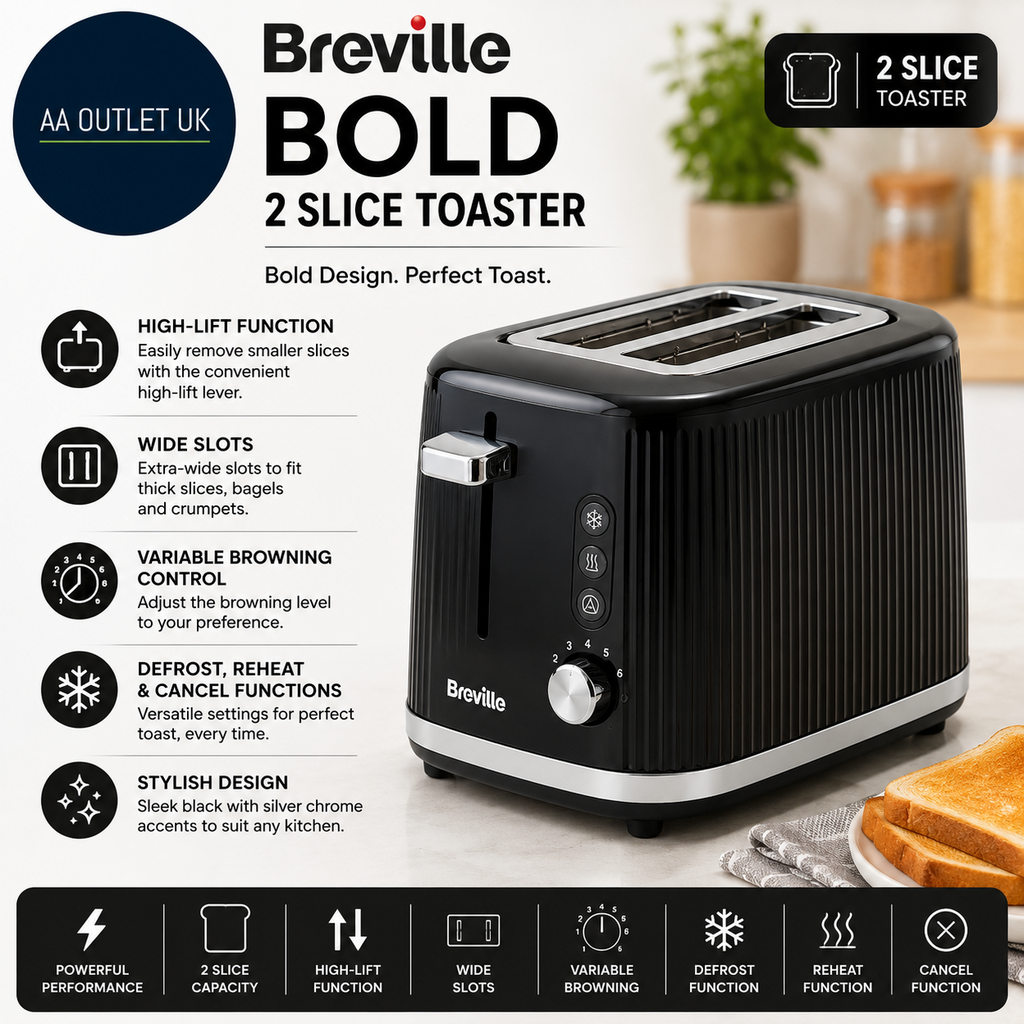 Breville Bold 2 Slice Toaster High Lift Wide Slots Black Silver Chrome VTR001