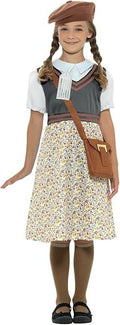 Smiffys Evacuee School Girl Costume Grey Dress Hat Bag Name Tag Halloween New