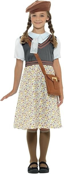 Smiffys Evacuee School Girl Costume Grey Dress Hat Bag Name Tag Halloween New