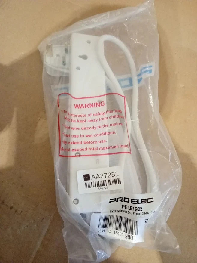 Pro Elec PL15287 4 Gang Extension Lead White Slim Plug Socket Cable Design New