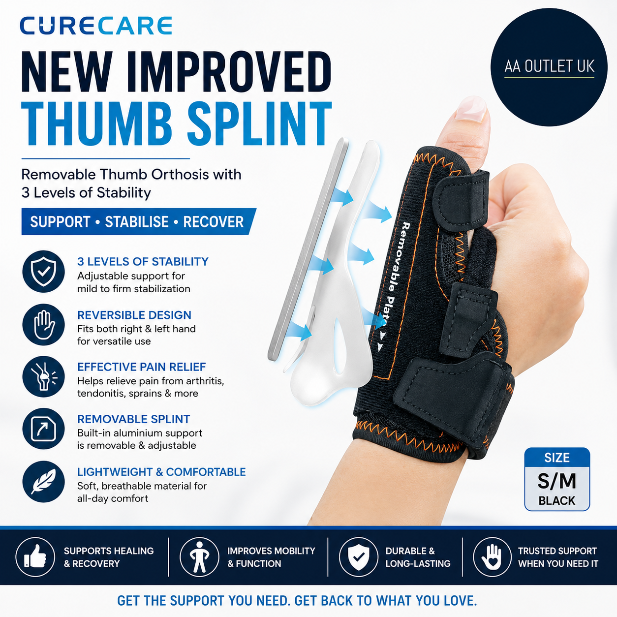 Curecare 2 In 1 Thumb Support Removable Splint Right Left Hand Brace S/M
