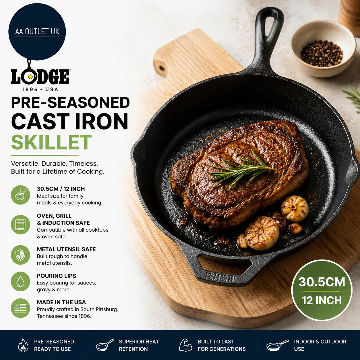 Lodge Pre Seasoned Cast Iron Skillet Indoor Outdoor Induction Frying Pan 12in