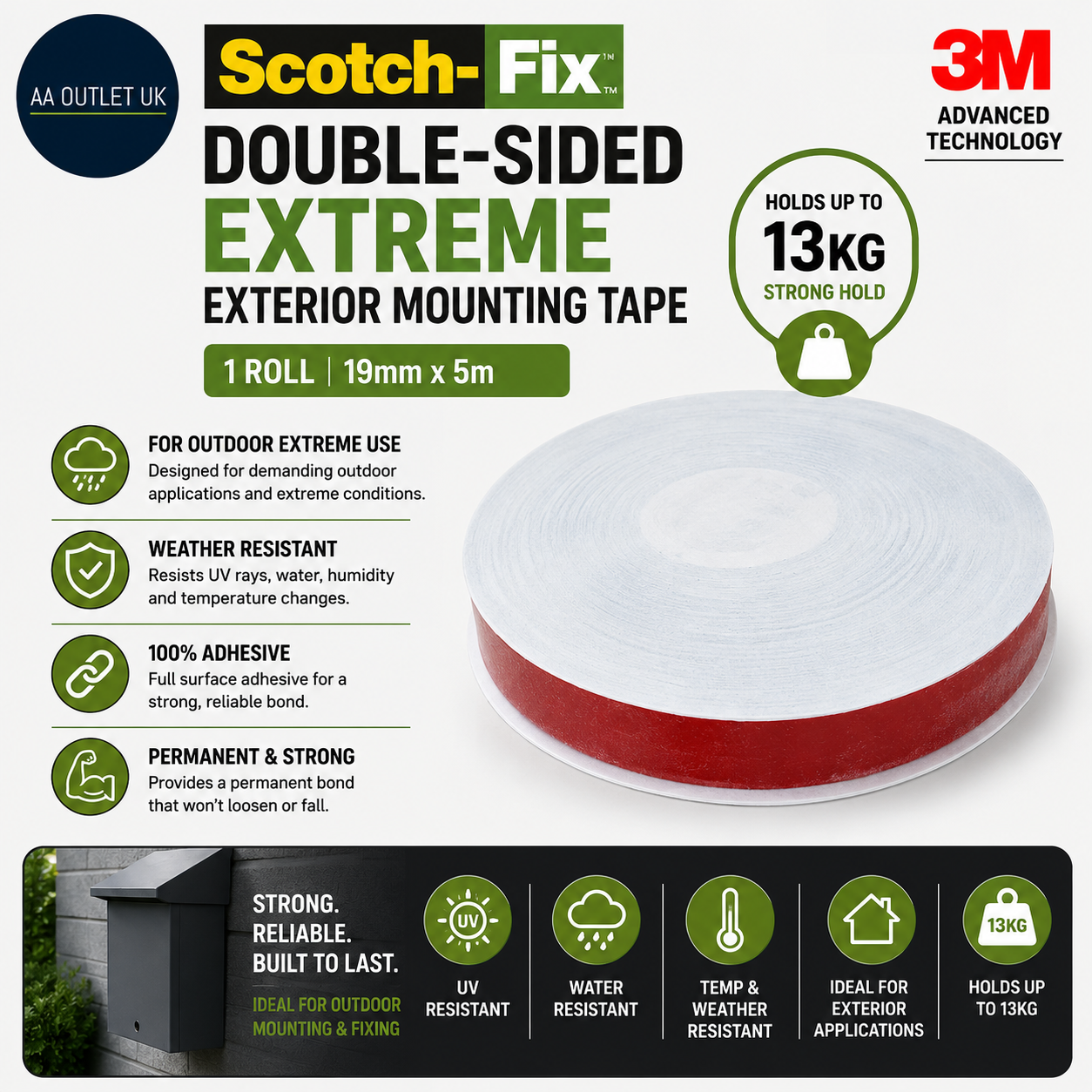 Scotch Fix Double Sided Extreme Exterior Mounting Tape 1 Roll 19mmx5m Outdoor