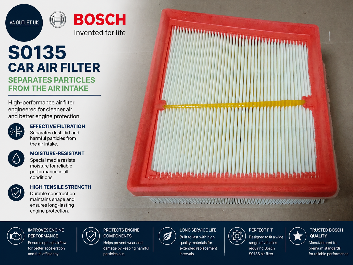 Bosch S0135 Car Air Filter Separates Particles Intake Moisture Resistant