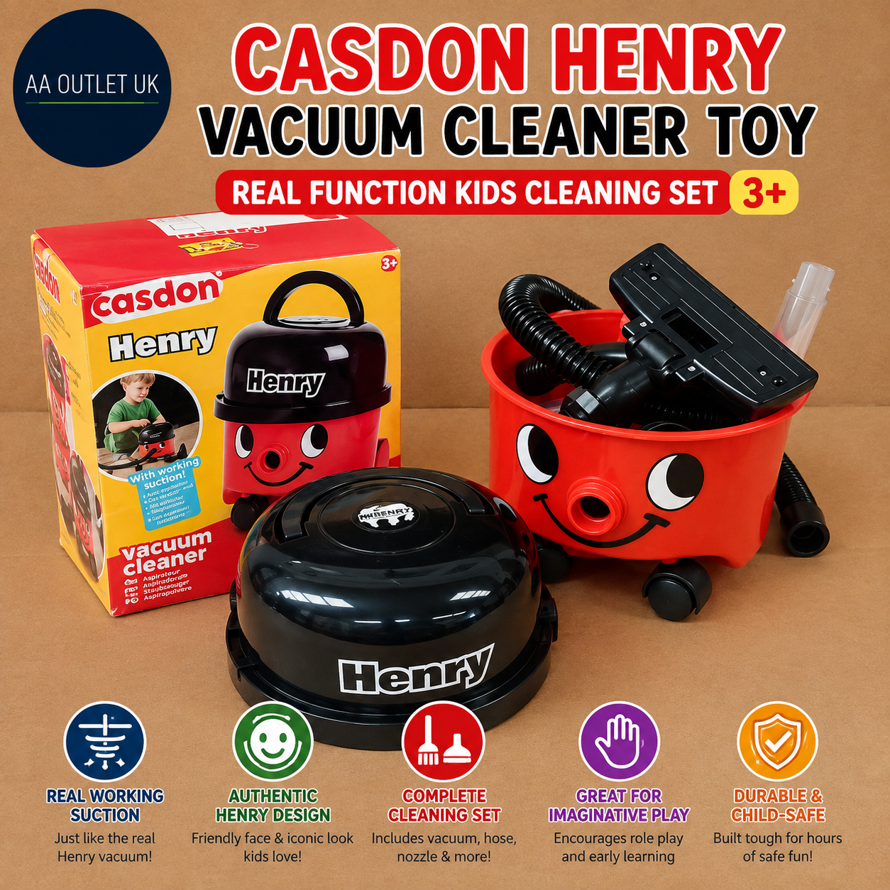Casdon Henry Vacuum Cleaner Toy Red Real Function Kids Cleaning Set 3+ New