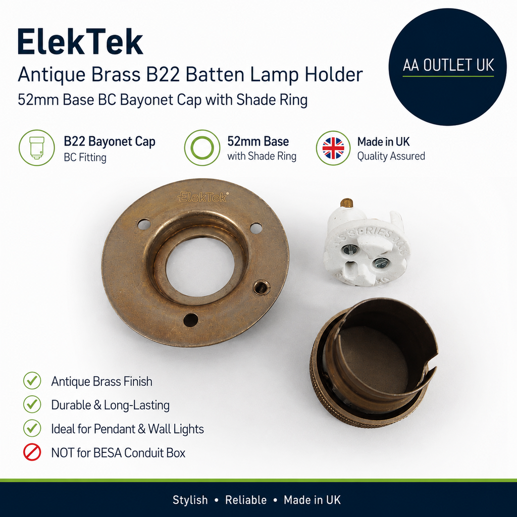 ElekTek Antique Brass B22 Batten 52mm Base BC Bayonet Cap Lamp Holder Shade Ring
