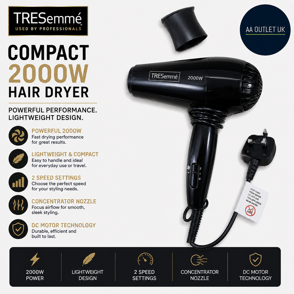 TRESemme Compact 2000W Hair DC Motor Dryer Lightweight 2 Speed Black