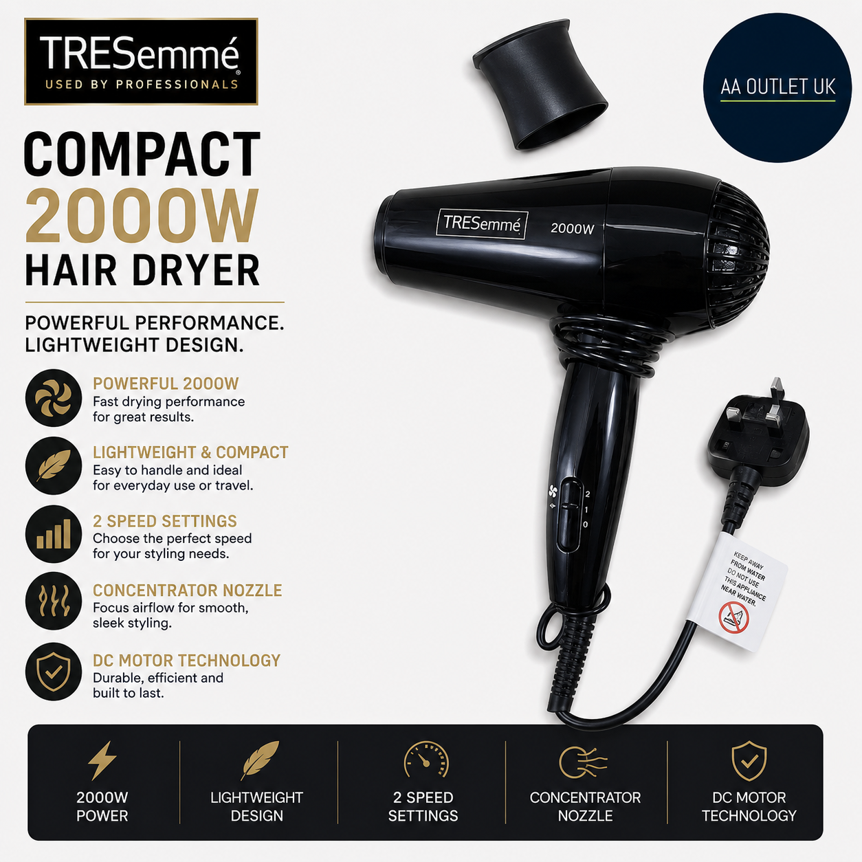 TRESemme Compact 2000W Hair DC Motor Dryer Lightweight 2 Speed Black