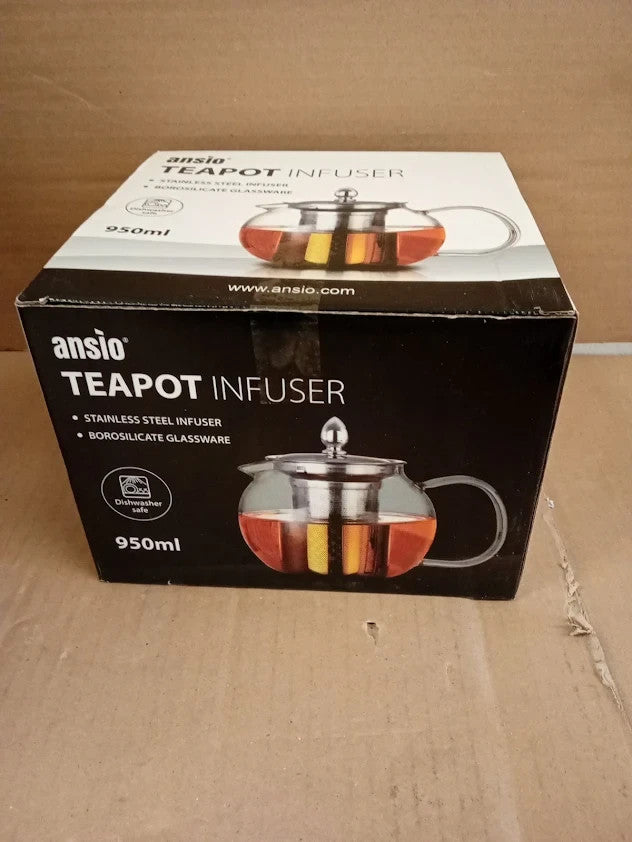 Ansio Glass Teapot With Infuser 950ml Borosilicate 304 Stainless Steel Lid New
