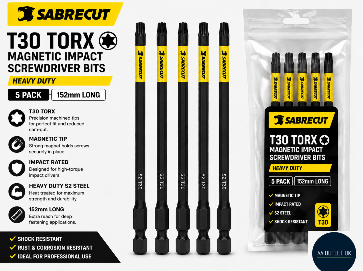 5 Pieces SabreCut 152mm T30 Torx Magnetic Impact Screwdriver Bits Heavy Duty