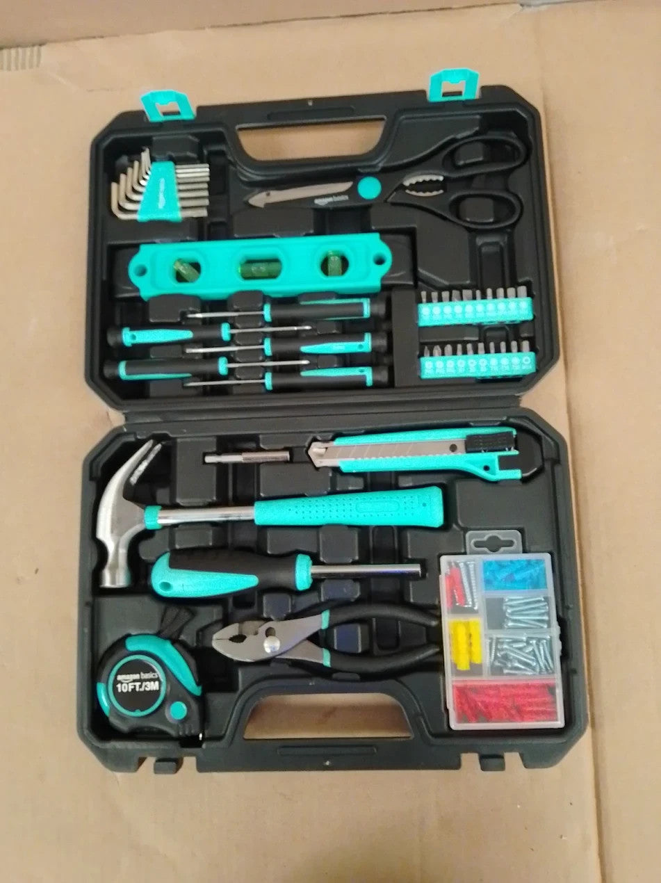 Amazon Basics Tool Kit Storage Case 142 Piece Household Tool Set DIY Turquoise