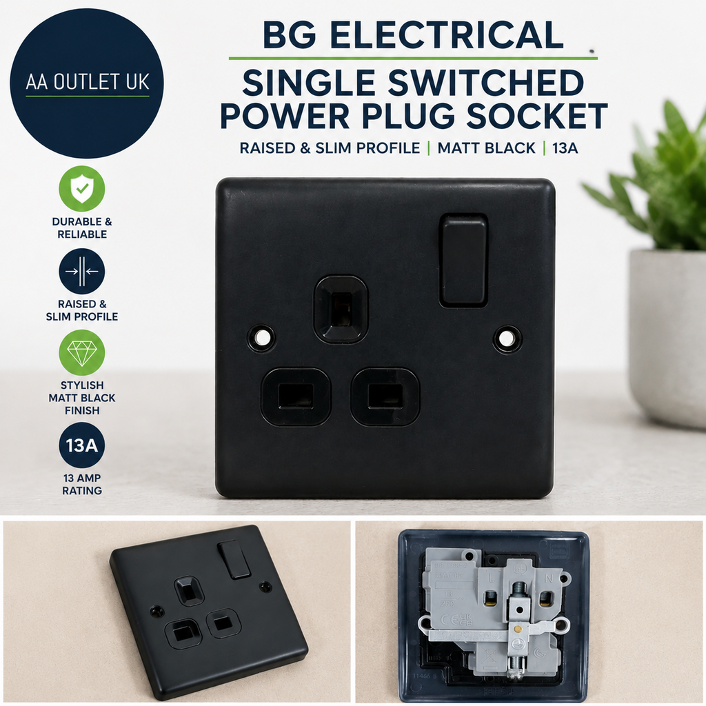 BG Electrical Single Switched Power Plug Nexus Metal Matt Black 13A NFB21B
