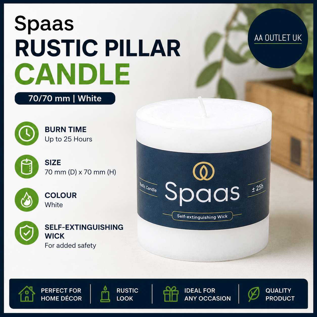 Spaas Rustic Pillar Candle 70/70mm Self Extinguishing Wick White