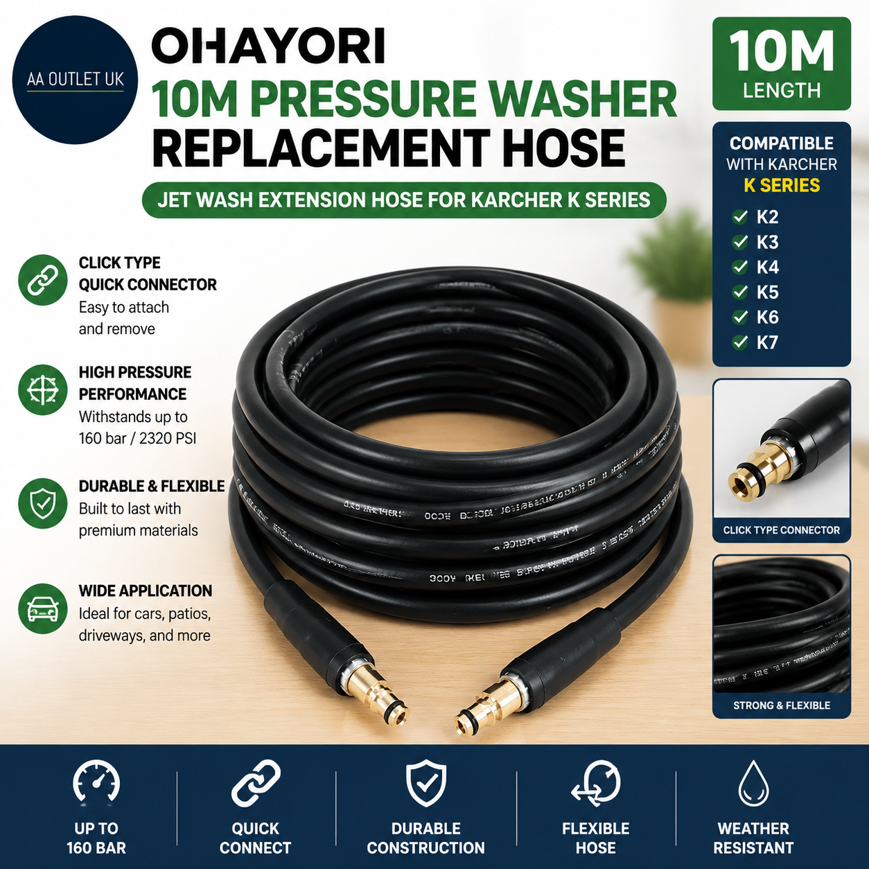 OHAYORI 10m Pressure Washer Replacement Hose Jet Wash Series K2 K3 K4 K5 K6 K7
