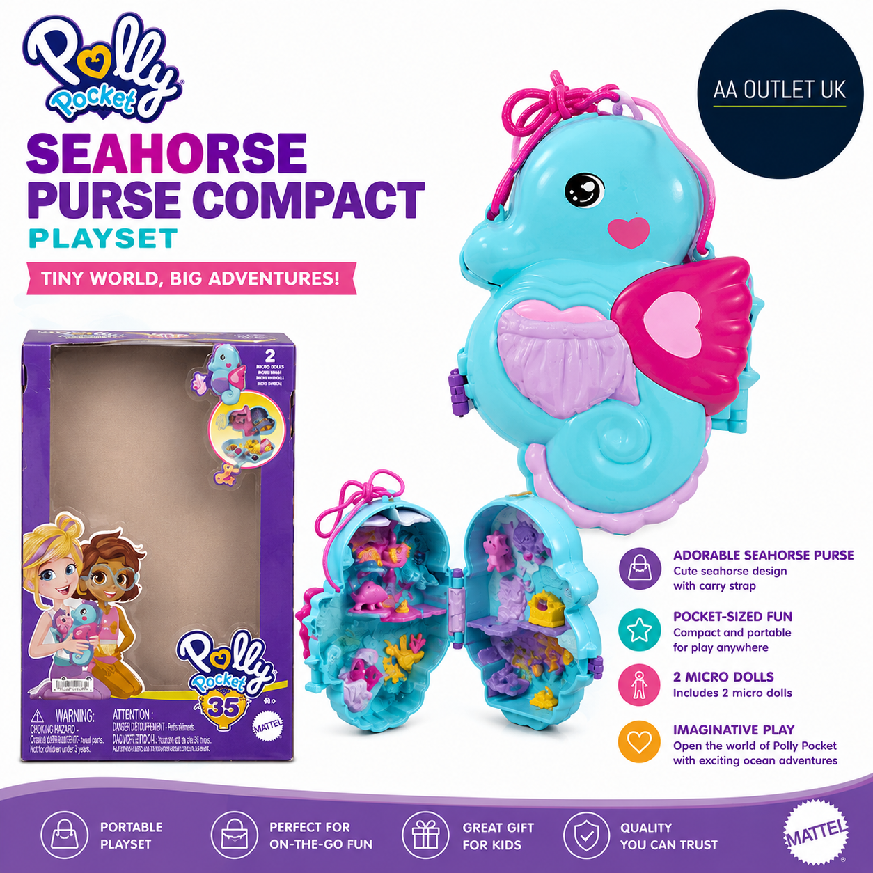 Polly Pocket Seahorse Purse Compact Playset Mattel World Toy Box New