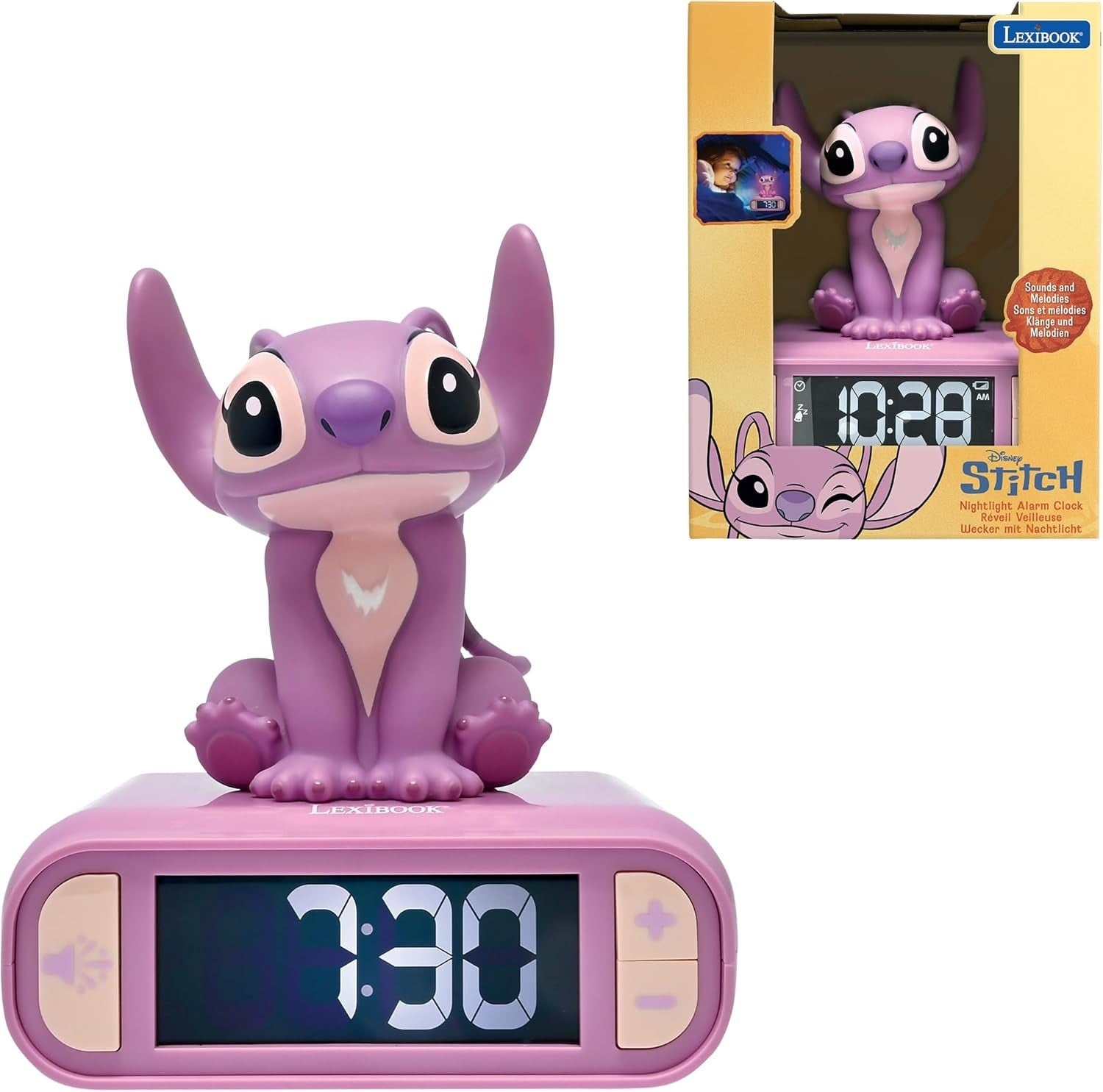 Lexibook Disney Stitch Angel Night Light Alarm Clock Sounds Melodies Backlit New