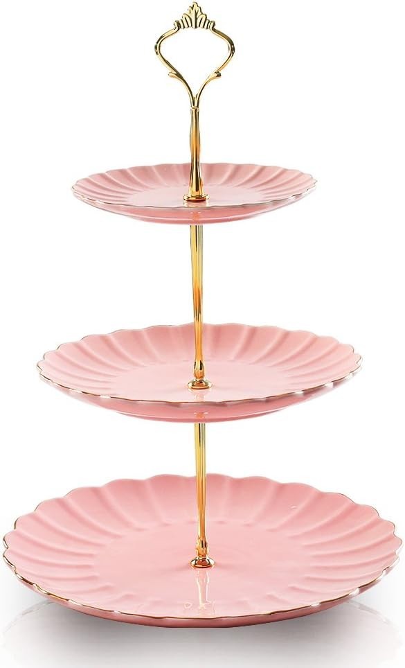 Sweejar Home 3 Tiers Cake Display Stand Ceramic Tiered Wedding Dessert Pink New