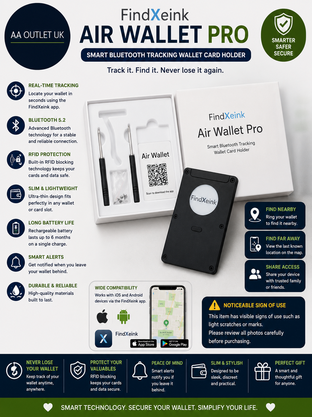 FindXeink Air Wallet Pro Smart Bluetooth Tracking Wallet Card Holder RFID New