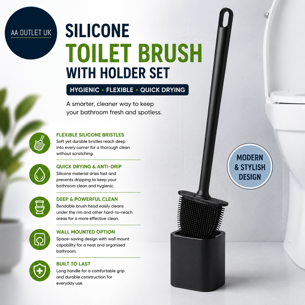 Athyior Silicone Toilet Brush Holder Set Flexible Bristles Bendable Black