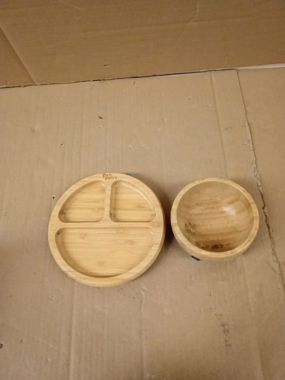 Baby Bamboo Weaning Set Presented Yum Yums Spoon Plate & Bowl Iceberg Blue