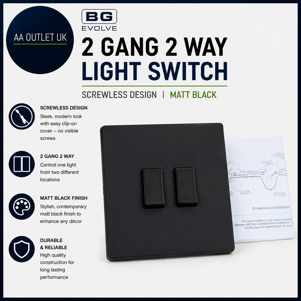 BG Evolve Matt Black 2 Gang 2 Way Light Switch Screwless PCDMB42B Design