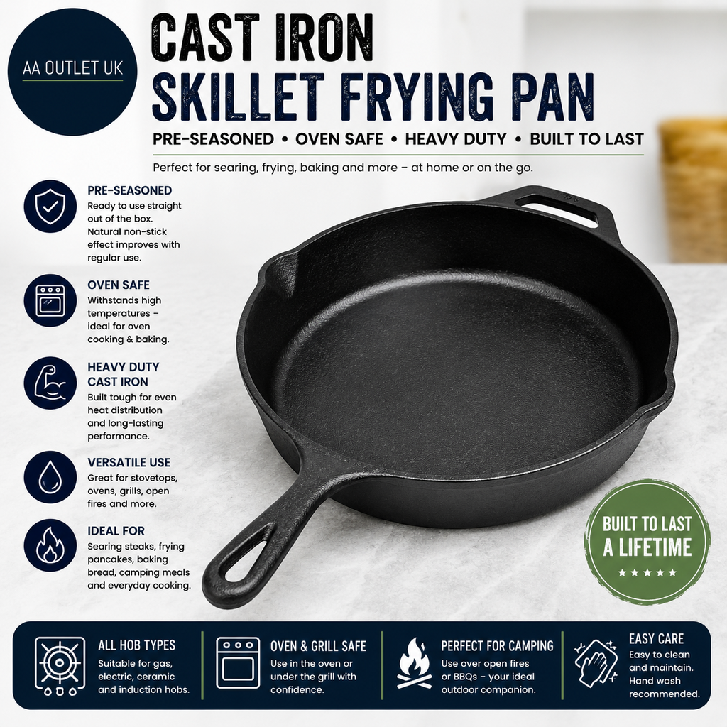 Cast Iron Skillet Frying Pan Pre Seasoned Oven Safe Grill Hob Camping Heavy Duty