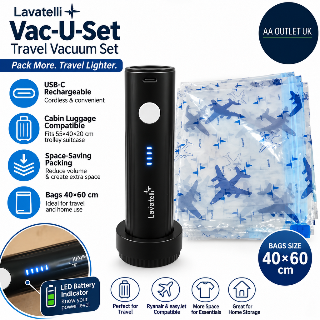 Lavatelli VacU Travel Vacuum Set USB C Wireless Pump Bags 40×60cm Suitcase Black
