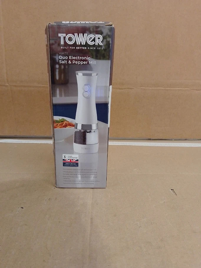 Tower T847004W Electric Duo Salt Pepper Mills Battery Operated Adjustable New