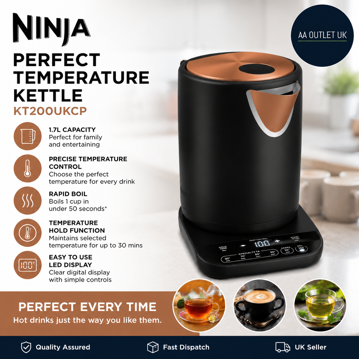 Ninja Perfect Temperature Kettle 1.7L Led Display Easy Use Kettle Rapid Boil